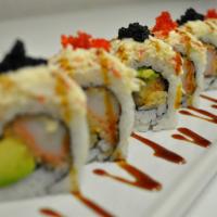 Hooly Crab Roll · Tempura crabstick, avocado topped with crab salad, black and red tobiko.