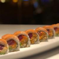 Belt Line Roll · Tuna, masago, avocado, crunchies and spicy mayo topped with fresh salmon.