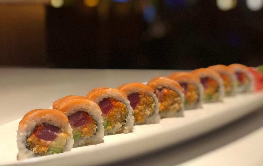 Belt Line Roll · Tuna, masago, avocado, crunchies and spicy mayo topped with fresh salmon.