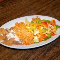 Fajitas de Pollo · Chicken,Bell pepper, Onion,Tomatoes. Extra topping extra charge