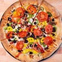 The Garden Supreme Specialty Pizza · Italian sauce, select blended cheeses, onion, green pepper, mushrooms, black and green olive...
