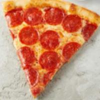 New York Pepperoni Slice · Thin crust slice topped with tomato sauce, mozzarella cheese and pepperoni slices.