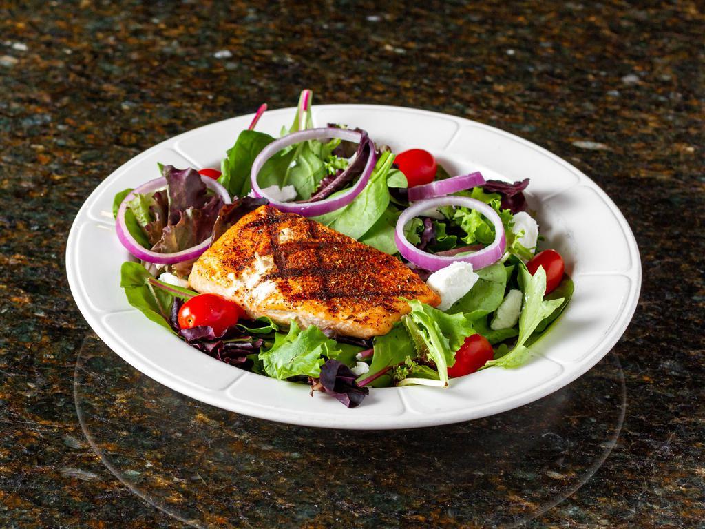 Blackened Salmon and Goat Cheese Salad · Fresh mixed greens, spinach, tomatoes, red onions topped with blackened salmon and goat cheese. 