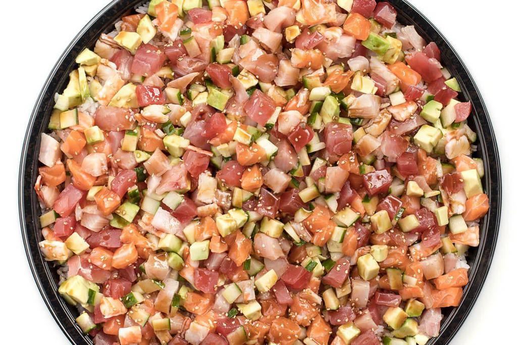 BARA CHIRASHI PLATTER · Tuna, salmon, yellowtail, shrimp, avocado and cucumber over rice, mixed with poke sauce; served over rice
