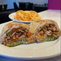 Tinga Burrito · Roasted chicken, smoky chipotle-tomato sauce, caramelized onion, red Mexican rice, refried p...