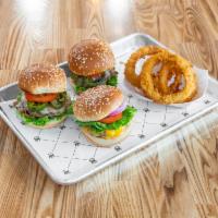 Trio Box · Three(3) 3oz Burgers with roma tomato, leaf lettuce, shaved onions, pickles, your choice of ...
