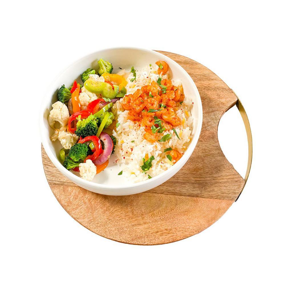 Rice & Shrimp · Rice with spicy garlic shrimp and mix seasonal roasted vegetables. Gluten free.
