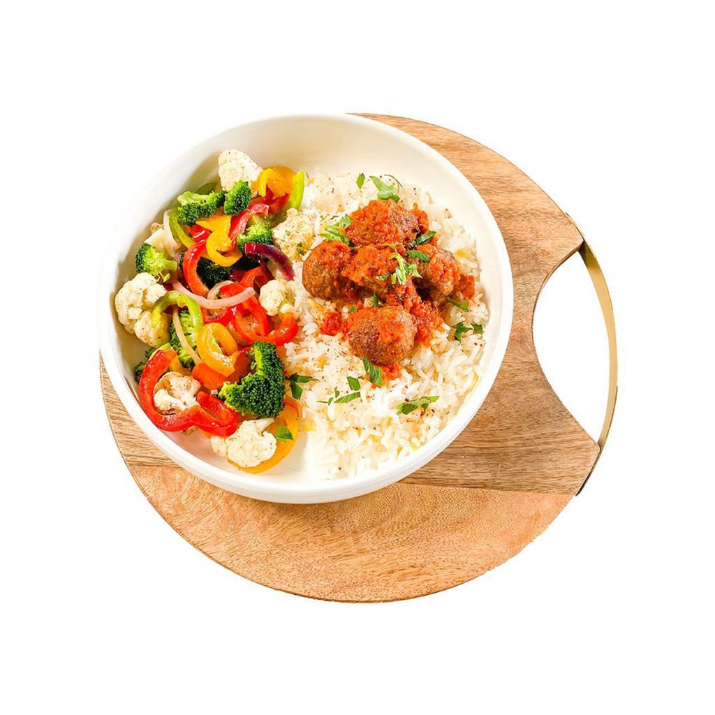 Cauli Rice ＆ Meatball · Cauliflower rice with meatballs ＆ tomato sauce and mix seasonal roasted vegetables. Keto. gluten free.