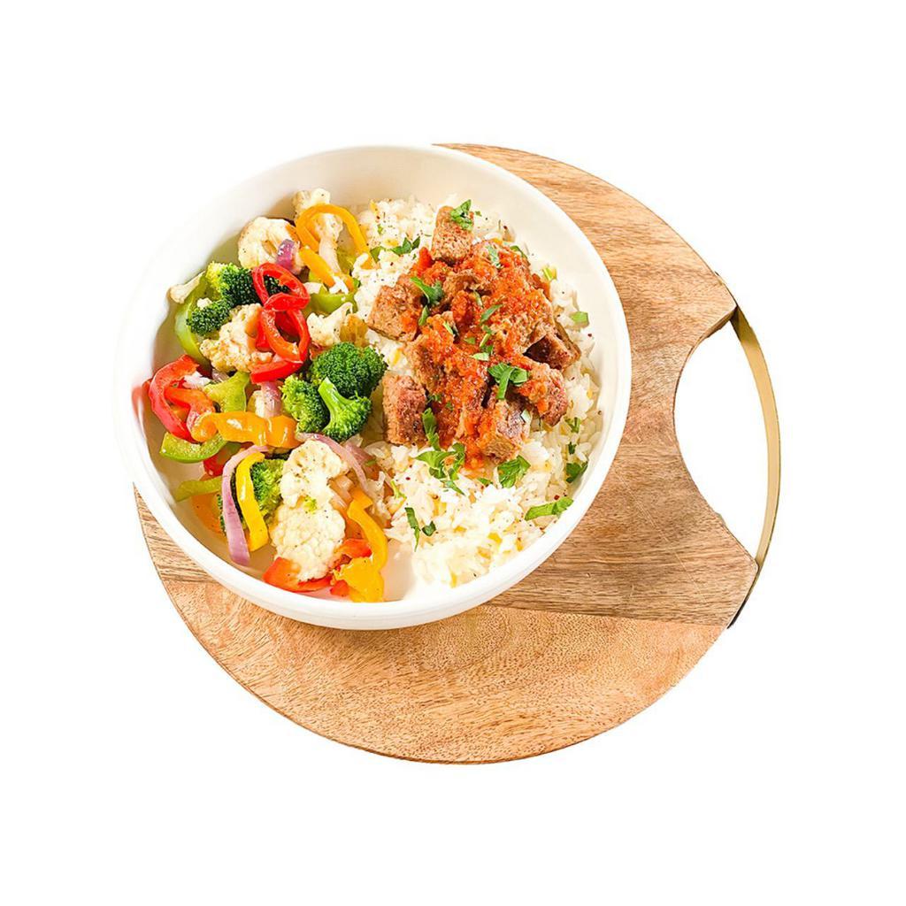 Cauli Rice ＆ Vegan Meatballs · Cauliflower rice with plant-based meatballs ＆ tomato sauce and mix seasonal roasted vegetables. Keto. vegan. Gluten free.