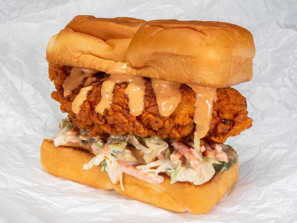 THC Slider · Crispy fried chicken tender, spiced to your liking, Plain, Nashville Hot or Nashville Hotter with secret sauce, dill pickle slices and slaw; served on Kings Hawaiian rolls