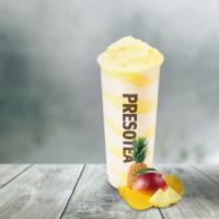 Mango Pineapple Smoothie · Mango smoothie using real fruits and Pineapple puree with layer creme, contain dairy.