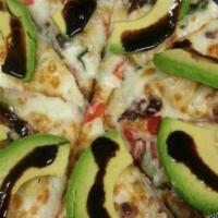 Encanto Avocado Pizza · Sliced fresh avocado, strawberry balsamic reduction, extra virgin olive oil, artichoke, fres...