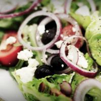 Greek Salad · Crispy romaine, feta cheese, black olives, tomatoes, cucumbers, red onions,
pepperoncini wit...