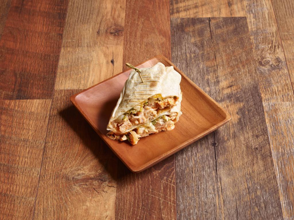 Buffalo Chicken Wrap · Grilled chicken, spicy Buffalo sauce, shredded cheese, blue cheese crumbles, lettuce, tomatoes and ranch.