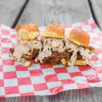 3 Piece BBQ Pulled Pork Sliders · BBQ pulled pork and Monsieur Poutine cole slaw.