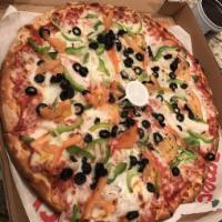 Vegetarian Pizza · Mozzarella, fresh tomatoes, black olives, mushrooms, green peppers and onions.