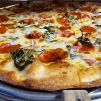 Godfather Pizza · Imported pepperoni, prosciutto, baby spinach and Alfredo sauce. 