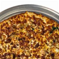 Large Chicken Ranch Pizza · Spinach, chicken, bacon, Wisconsin cheddar, and ranch sauce.