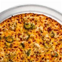 Large Hot Chick Pizza · Chicken, Wisconsin cheddar, jalapenos, and Buffalo sauce.