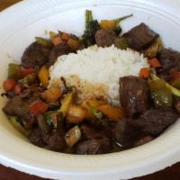 beef stir fry · Beef with mixed vegetables teriyaki sauce over rice also in veggie option