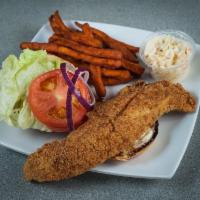 Halftime Fish Sandwich · Grilled or fried tilapia, whiting or catfish, topped with lettuce, tomato and tartar.