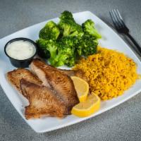 Grilled Fish Dinner · 2 grilled tilapia, catfish or whiting served with rice, broccoli and tartar sauce.