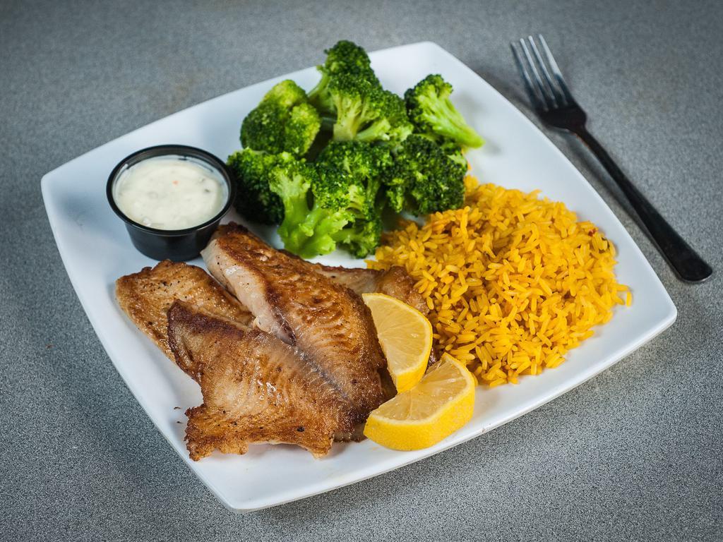 Grilled Fish Dinner · 2 grilled tilapia, catfish or whiting served with rice, broccoli and tartar sauce.