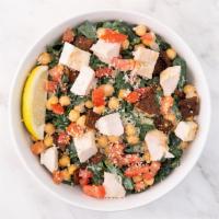Kale Caesar Salad · Shredded kale, parmesan cheese, chickpeas, diced tomatoes, cauliflower croutons, organic cae...