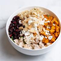 Gluten-Free Sweet Potato and Goat Cheese Bowl · Arugula, roasted sweet potatoes, goat cheese, roasted sliced almonds, dried cranberries, bal...