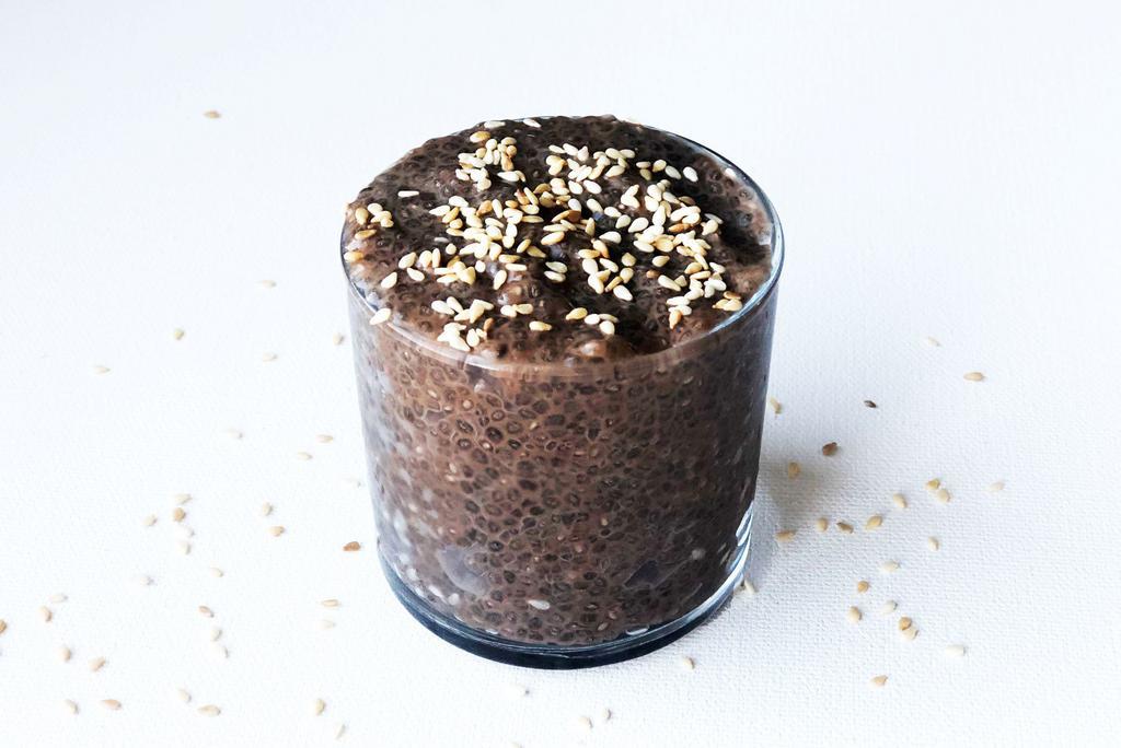Nutella Chia Pudding · Chia seeds soaked overnight in dairy-free milk and sweetened with raw cane sugar. (Gluten-free.)