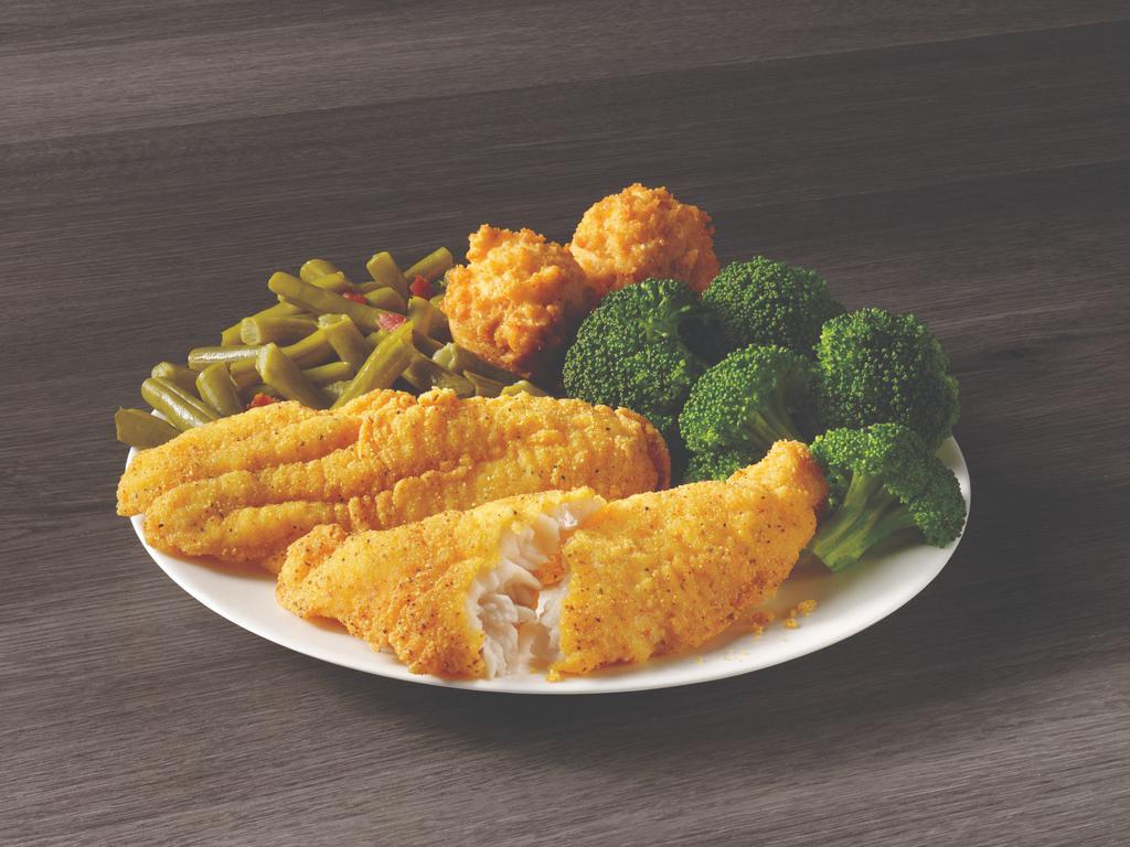 2 Piece Catfish Meal · Tender catfish, hand-breaded in our signature Southern-style breading and served with your choice of 2 sides and hush puppies.