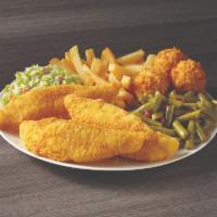 Catfish Feast Meal · 3 hand-breaded catfish fillets served with your choice of 3 sides and hush puppies.