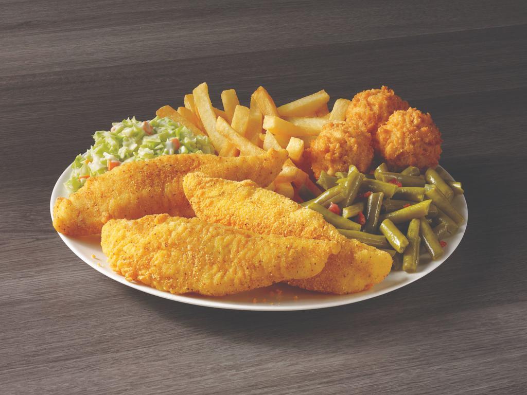 Catfish Feast Meal · 3 hand-breaded catfish fillets served with your choice of 3 sides and hush puppies.