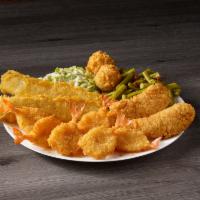 Supreme Sampler · 2 pieces of our famous batter dipped fish, 2 chicken tenders and 6 butterfly shrimp. Served ...