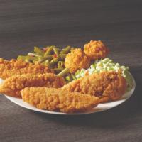4 Piece Chicken Meal · 4 crispy breaded chicken tenders with your choice of 2 sides and hush puppies. Perfect for d...