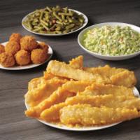 10 Piece Fish Family Meal · 10 of our famous batter dipped fish fillets with 8 hush puppies and your choice of 2 family-...