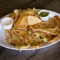 Cheese Quesadilla · 13” flour tortilla Jack cheese, caramelized onions-poblano chilies, cut into 4 pieces served...