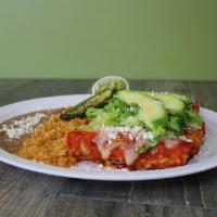 3 Red Chicken Enchiladas · Big portion of (3) corn tortillas wrapped with our chipotle chicken and Jack cheese topped w...