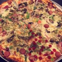Pizza Persiano Pizza · Cheese, marinara sauce, mortadella, sausage, green peppers, mushrooms, tomatoes and special ...