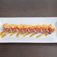 Hot Night Roll · Inside: crabmeat, avocado and cucumber. Outside: spicy tuna and crunch flake.