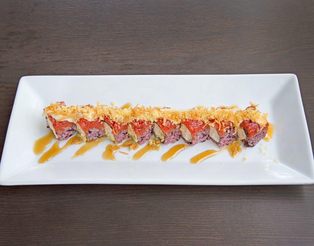 Hot Night Roll · Inside: crabmeat, avocado and cucumber. Outside: spicy tuna and crunch flake.