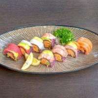 Rainbow Deluxe Roll · Inside: shrimp tempura, spicy tuna and cucumber. Outside: 5 kinds of fish.