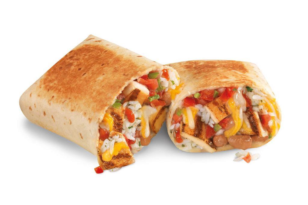 Grilled Chicken Burrito · Charbroiled chicken, pinto beans, pico de gallo, cilantro-lime rice, hot sauce and a four-cheese blend folded and grilled in a flour tortilla.