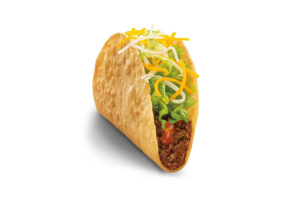 Crunchy Beef Taco · A crisp corn tortilla filled with seasoned ground beef, shredded lettuce, hot sauce and four-cheese blend.