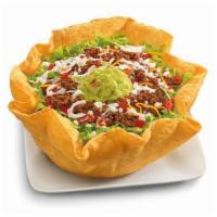 Ground Beef Taco Salad · Seasoned ground beef with pinto beans, shredded lettuce, fresh salsa, four-cheese blend and ...