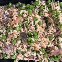 16 oz. Brown Rice with Peas & Mushrooms · Brown rice prepared in fresh vegetable stock and tossed with peas, mushroom and onion. 