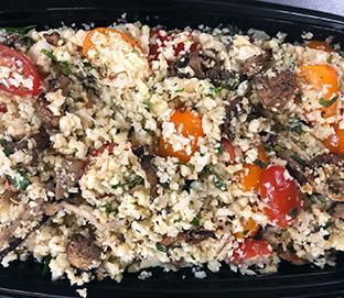 16 oz. Cauliflower Rice · Riced cauliflower, mushroom and grape tomatoes seasoned with parsley, basil, thyme and garlic, finished with a toss of oil, sea salt and black pepper.