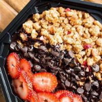 VACATIONER BOWL · Bananas, Strawberries, and Chocolate Chips. Topped with Strawberry Granola Mix, and Chocolat...