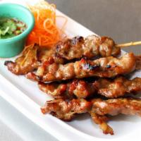 4 Pieces Moo Yang · Grilled marinated pork on skewers served with spicy sweet plum sauce. Mild.