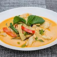 Red Curry Dinner · Bamboo shoots, eggplant, green beans and Thai basil with a red curry sauce. Medium.